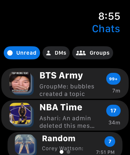 GroupX chat list on Apple Watch