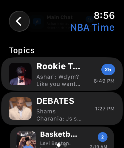 GroupX topic list on Apple Watch